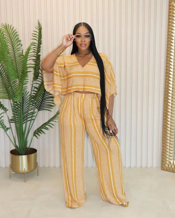 V Neck Print Loose Two Piece Pants Set QOUY-M6026