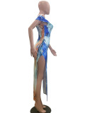 Print One Shoulder Split Maxi Dress QOUY-M6025