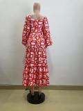 U Neck Print Lantern Sleeve Split Maxi Dress QOUY-M6015