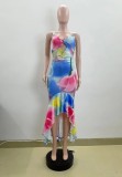 Sling V Neck Multicolor Print Ruffled Midi Dress QOUY-M6044
