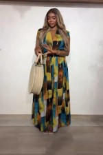 V Neck Print Sleeveless Wide Leg Jumpsuit QOUY-M6041