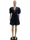 V-neck Bubble Sleeve Patchwork A-line Dress QOUY-M6040