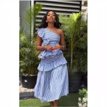 Slant Shoulder Vintage Ruffle Stripe Dress QOUY-M6037