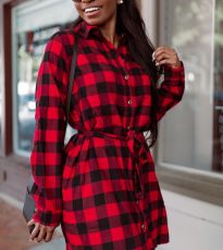 Plaid Print Belt Long Sleeve Shirt Dress LSL-LS6325