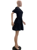 V-neck Bubble Sleeve Patchwork A-line Dress QOUY-M6040