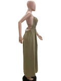 Solid Color Blackless Tie Up Maxi Dress QOUY-M6035