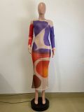 Colorfuil Print O Neck Long Sleeve Maxi Dress QOUY-M6014