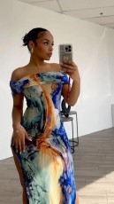 Print One Shoulder Split Maxi Dress QOUY-M6025