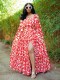 U Neck Print Lantern Sleeve Split Maxi Dress QOUY-M6015