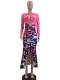 Mesh Fishtail Ruffle Printed Dress QOUY-M6039