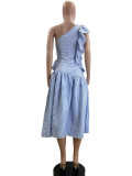 Slant Shoulder Vintage Ruffle Stripe Dress QOUY-M6037