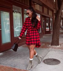 Plaid Print Belt Long Sleeve Shirt Dress LSL-LS6325
