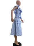 Slant Shoulder Vintage Ruffle Stripe Dress QOUY-M6037