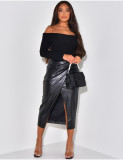 Pleated Split Irregular PU Leather Skirt  QOUY-M6006
