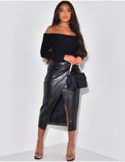Pleated Split Irregular PU Leather Skirt  QOUY-M6006