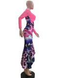 Mesh Fishtail Ruffle Printed Dress QOUY-M6039