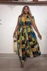 V Neck Print Sleeveless Wide Leg Jumpsuit QOUY-M6041
