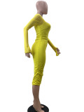 Solid Color Long Sleeve Pleated Midi Dress QOUY-M6003