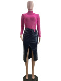 Pleated Split Irregular PU Leather Skirt  QOUY-M6006