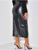Pleated Split Irregular PU Leather Skirt  QOUY-M6006