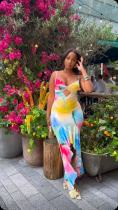 Sling V Neck Multicolor Print Ruffled Midi Dress QOUY-M6044