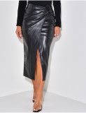 Pleated Split Irregular PU Leather Skirt  QOUY-M6006