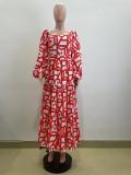 U Neck Print Lantern Sleeve Split Maxi Dress QOUY-M6015