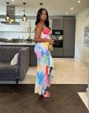 Sling V Neck Multicolor Print Ruffled Midi Dress QOUY-M6044