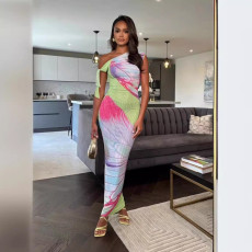 Mesh Slash Neck Print Maxi Dress QOUY-M6042