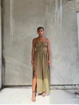 Solid Color Blackless Tie Up Maxi Dress QOUY-M6035