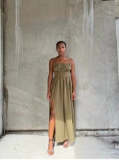 Solid Color Blackless Tie Up Maxi Dress QOUY-M6035