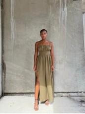 Solid Color Blackless Tie Up Maxi Dress QOUY-M6035