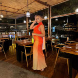 Neck-hang Slash-shoulder Gradient Backless Dress QOUY-M6028
