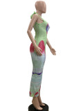 Mesh Slash Neck Print Maxi Dress QOUY-M6042