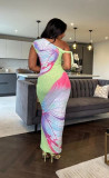 Mesh Slash Neck Print Maxi Dress QOUY-M6042