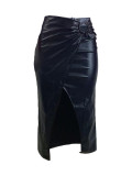 Pleated Split Irregular PU Leather Skirt  QOUY-M6006