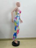Sling V Neck Multicolor Print Ruffled Midi Dress QOUY-M6044