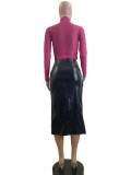 Pleated Split Irregular PU Leather Skirt  QOUY-M6006