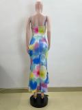 Sling V Neck Multicolor Print Ruffled Midi Dress QOUY-M6044