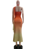 Neck-hang Slash-shoulder Gradient Backless Dress QOUY-M6028