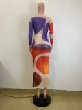 Colorfuil Print O Neck Long Sleeve Maxi Dress QOUY-M6014