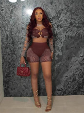 Pre Order: About 7 work days shipping One Shoulder Long Sleeve Top Hollow Out Shorts Set YUEM-220253