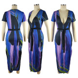 V Neck Print Short Sleeve Maxi Dress(With Belt)TE-4710