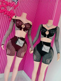One Shoulder Long Sleeve Top Hollow Out Shorts Set YUEM-220253