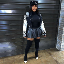 Ribbed Color Block Print Baseball Jacket YNSF-2663
