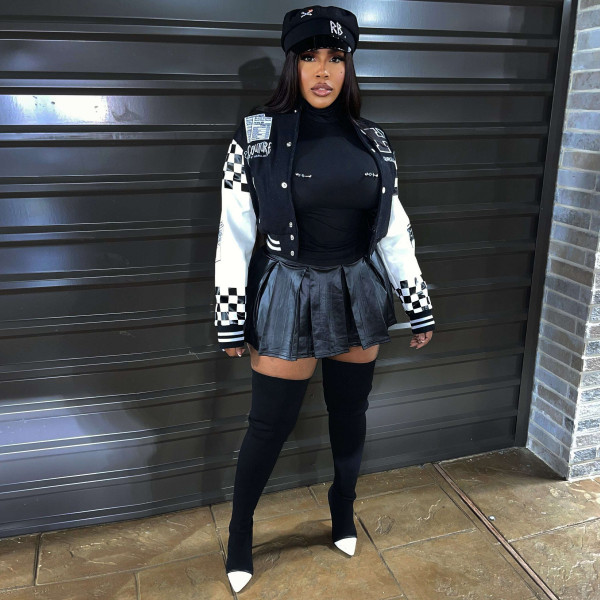 Ribbed Color Block Print Baseball Jacket YNSF-2663