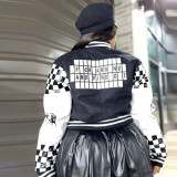 Ribbed Color Block Print Baseball Jacket YNSF-2663