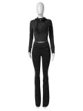 Washed Hooded Zipper Flared Pants Two Piece Set CH-24063
