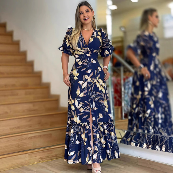Fashion Print V Neck Ruffles Split Maxi Dress GYLY-10532
