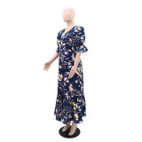 Fashion Print V Neck Ruffles Split Maxi Dress GYLY-10532